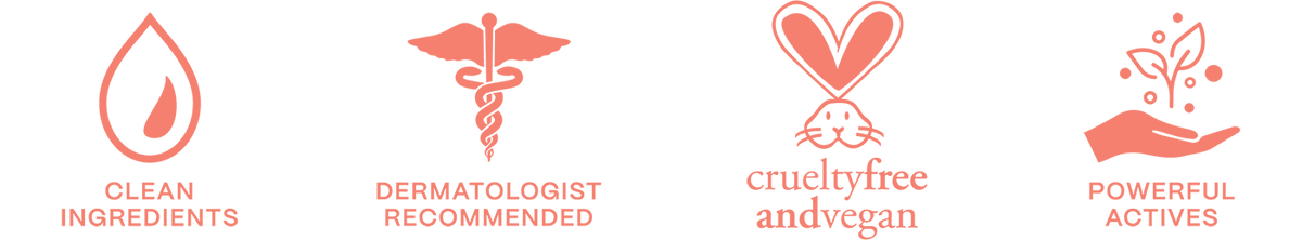 Set of icons with text labels for clean ingredients, dermatologist recommended, cruelty-free and vegan, and powerful active ingredients.