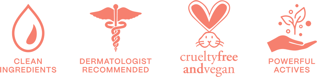 Set of icons with text labels for clean ingredients, dermatologist recommended, cruelty-free and vegan, and powerful active ingredients.