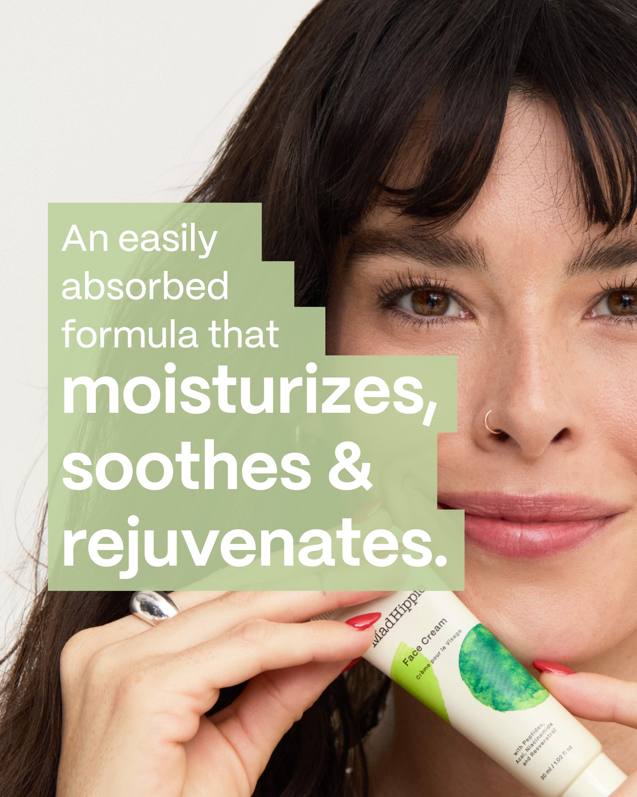 Smiling model holding Face Cream tube. Easily Absorbed, Moisturizes and Soothes