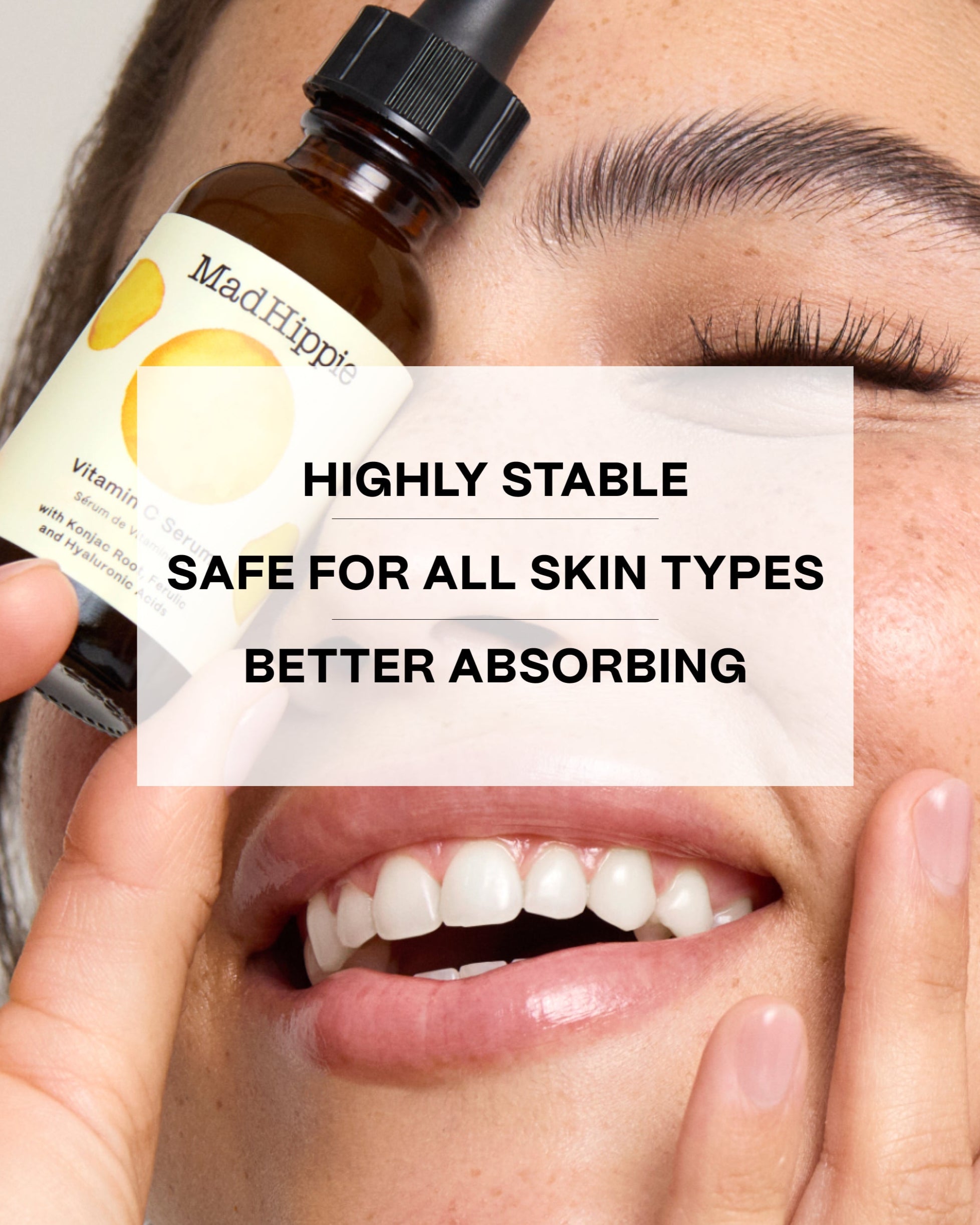 Stable Form of Vitamin C; smiling model holding bottle against forehead in background