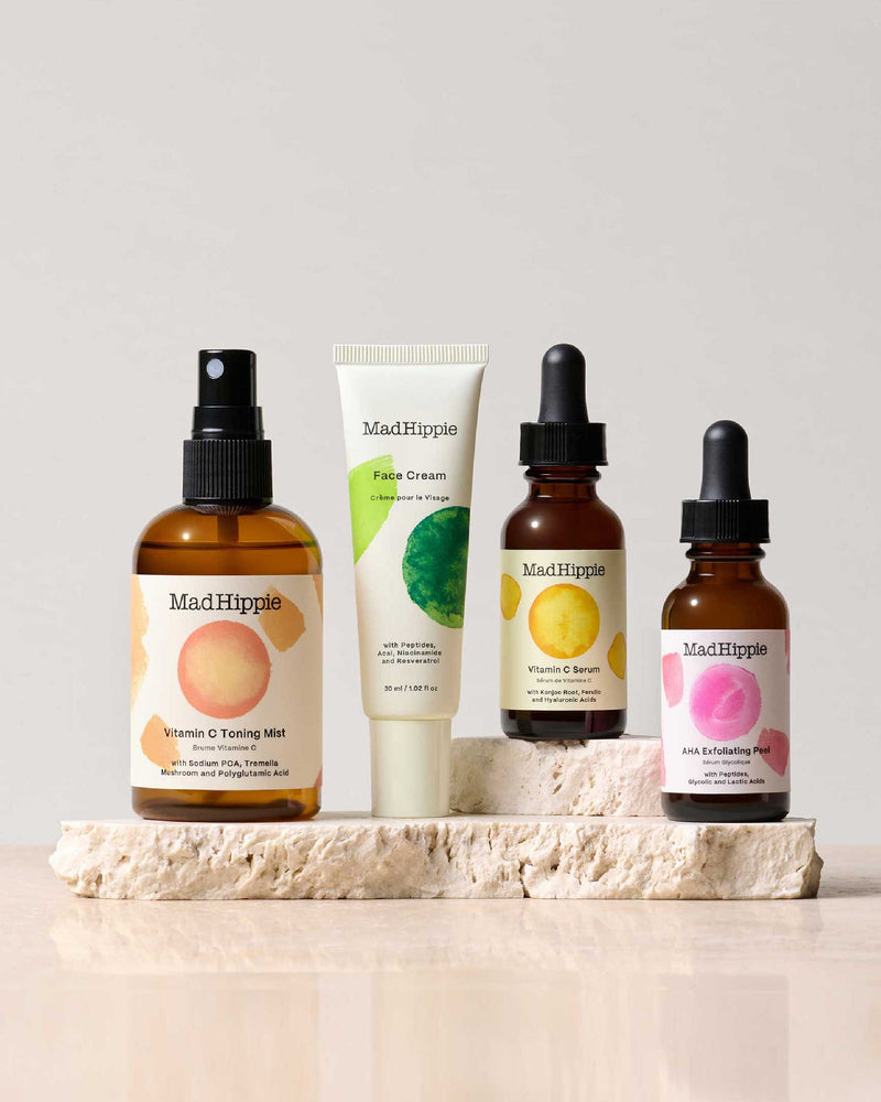 Skin Brightening Routine: Toning Mist, Face Cream, Vitamin C Serum, AHA Exfoliating Peel