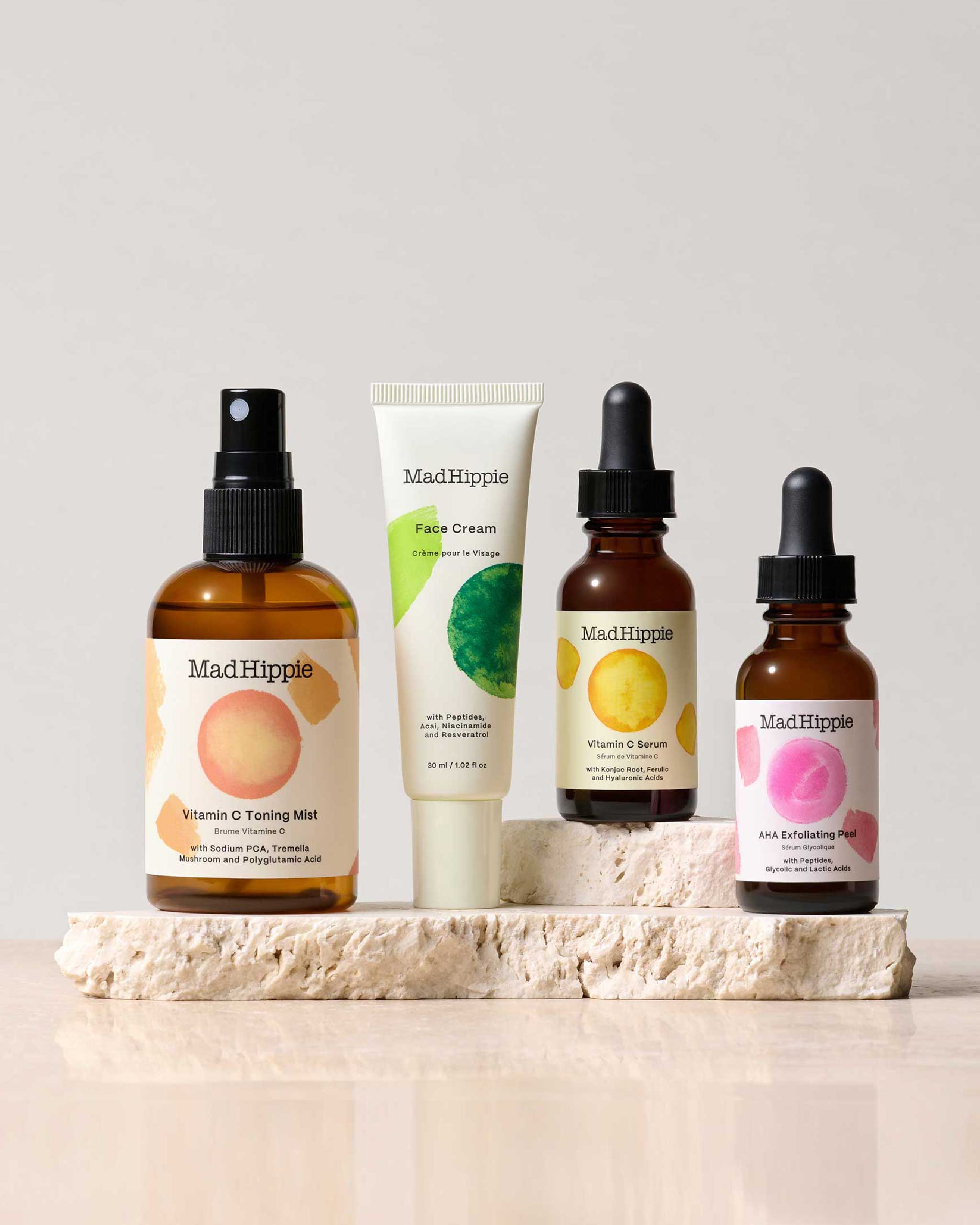 natural skincare products - face cream, mist, vitamin C serum, AHA Peel