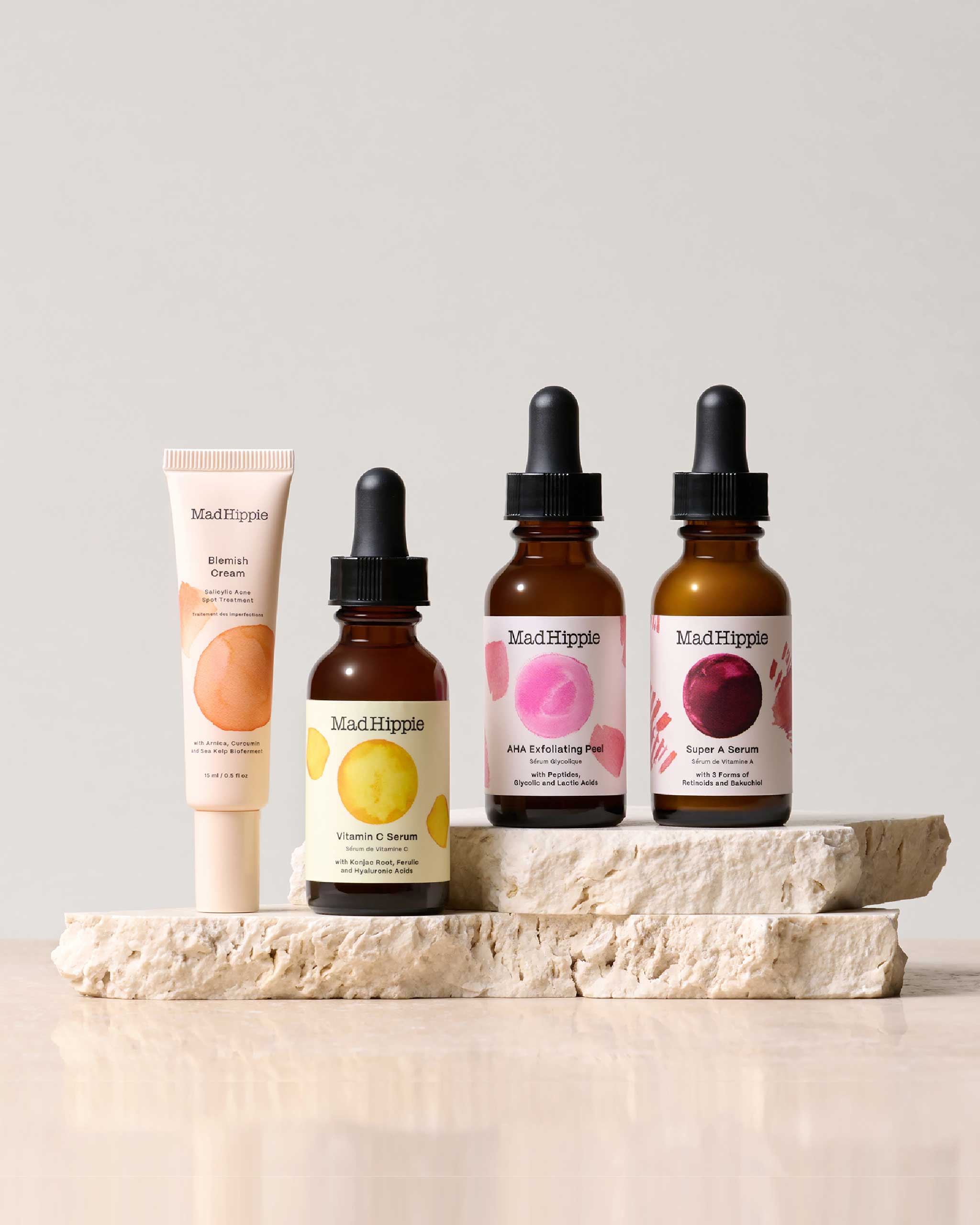 Natural skincare products- natural cream for acne, vitamin C serum, AHA peel and Super A Serum